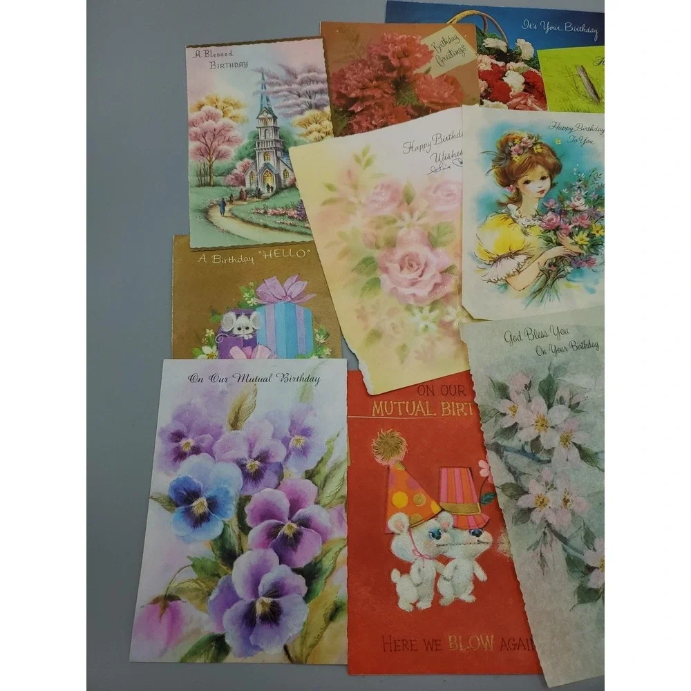 15 Old Vintage‎ Used Greeting Card Fronts for Crafts Mice Flowers Birthday